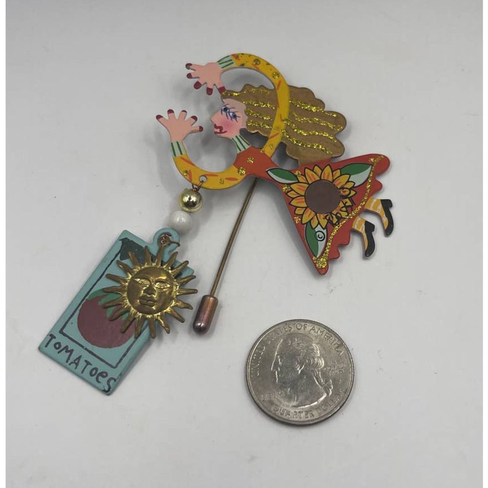 Vintage Rossi Garden Fairy Metal Stick Brooch Pin Tomato And Sun - Picture 4 of 4